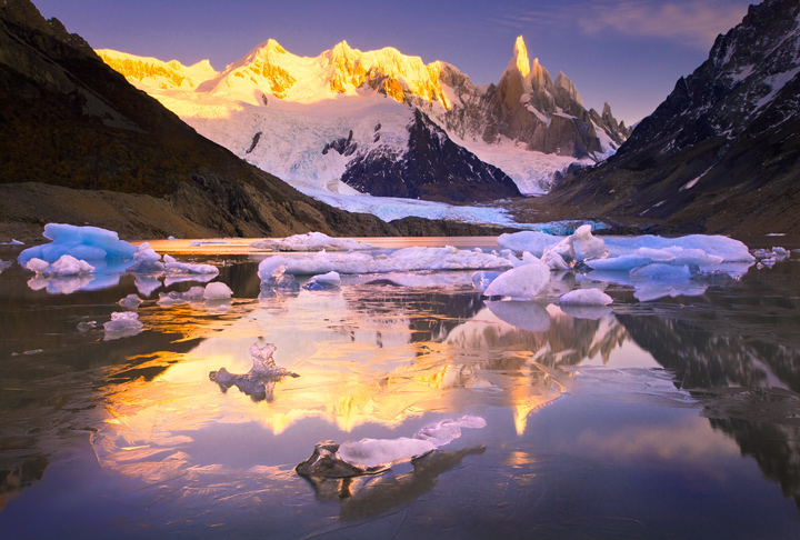 The Jewels of Cerro Torre The light of sunrise reveals the crystalline jewels of ice that sparkle under the frozen spire...