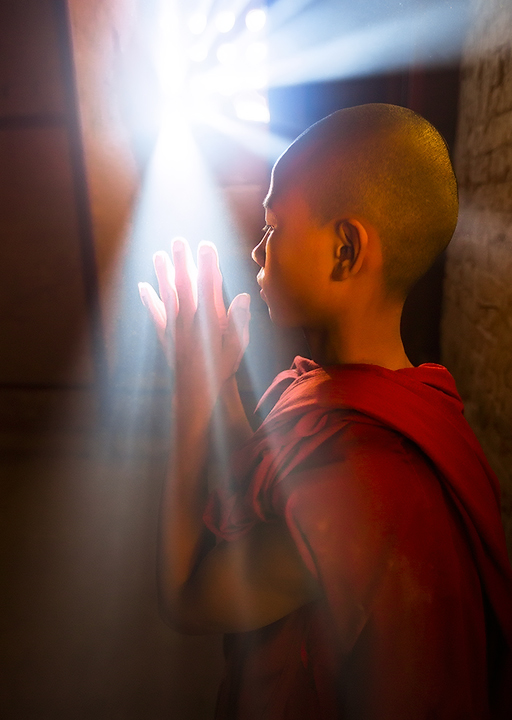Radiant Portrait of a young monk praying.