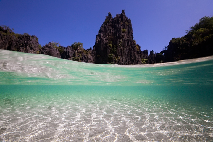 The Crystalline Waters of Palawan A view from under and over the water of a beautiful beach near El Nido. Palawan island.