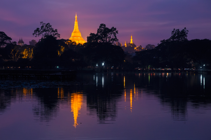Shwedagon Twilight The spectacular Shwedagon Pagoda shines bright in the twilight over Yangon, Burma.