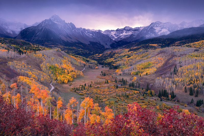 A few seconds of autumn storm light shine across the aspen forest of the Sneffel's Range in the San Juan mountains of Colorado...